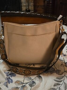 MiCielo Beige Crossbody Bag with Patterned Strap
